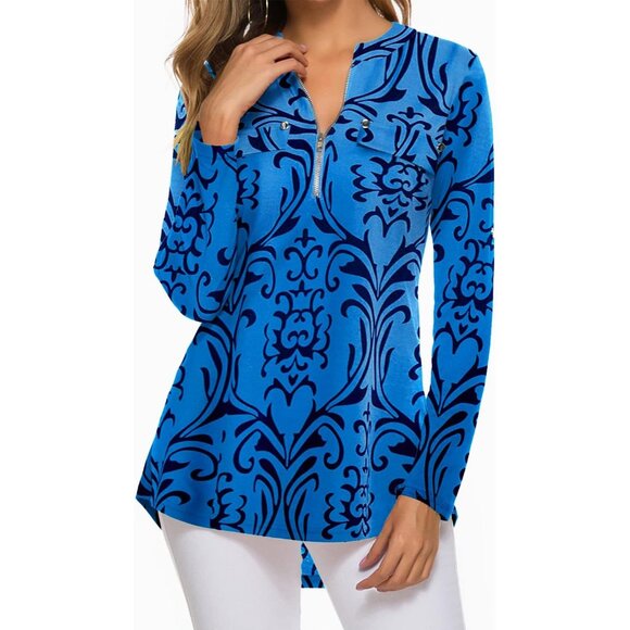 Women's V Neck Zip Cuffed Sleeve Flowy Work Tunic Tops Shirts Blouse - Picture 3 of 4